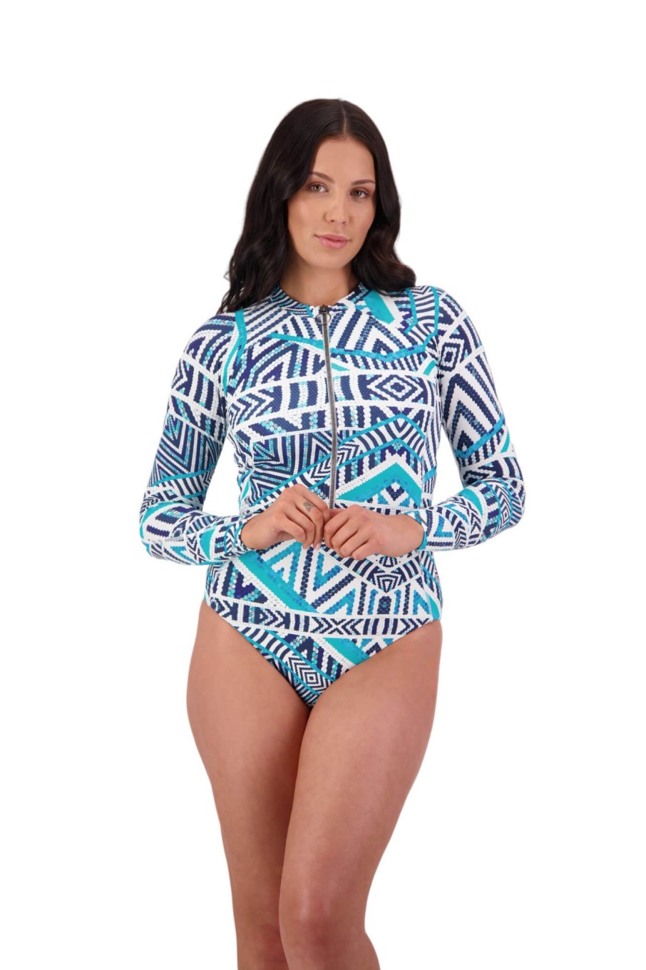 Women Moontide Swimsuits | Tribal Geo Zip Front Long Sleeve Swimsuit