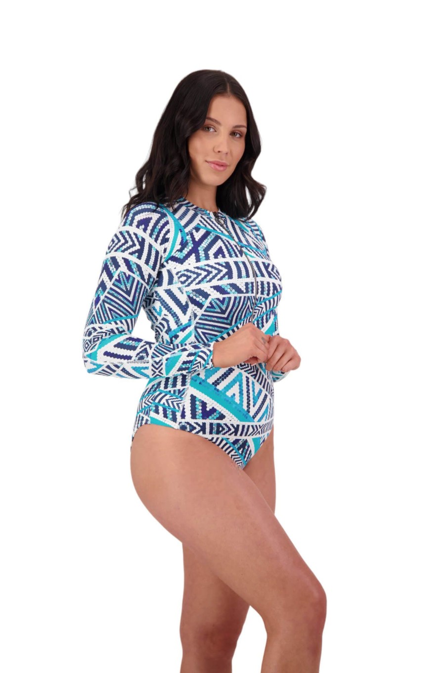 Women Moontide Swimsuits | Tribal Geo Zip Front Long Sleeve Swimsuit