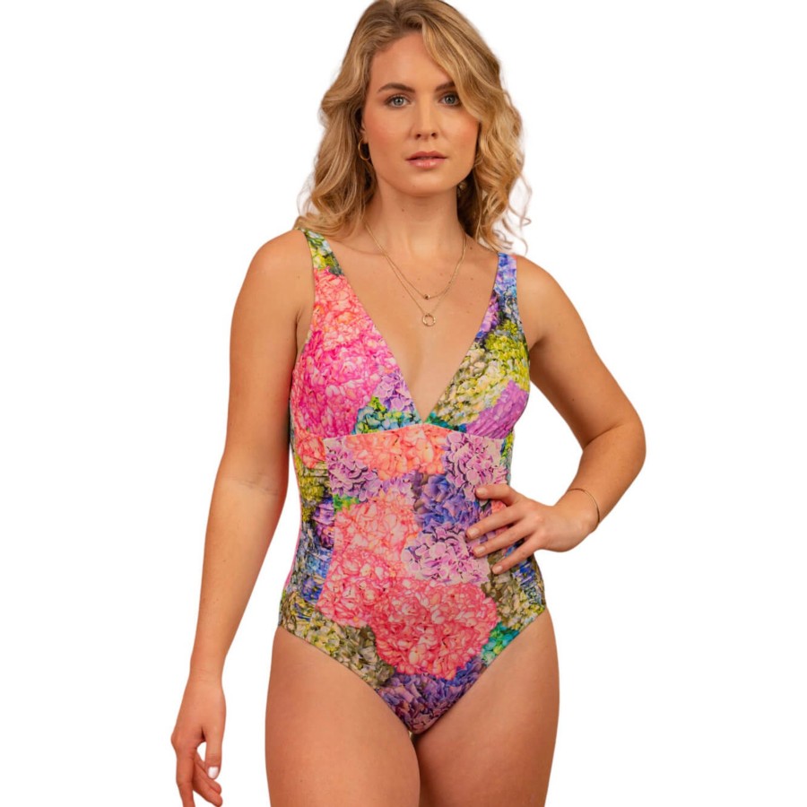 Women Moontide Swimsuits | Hydrangea Side Ruched Plunge Swimsuit